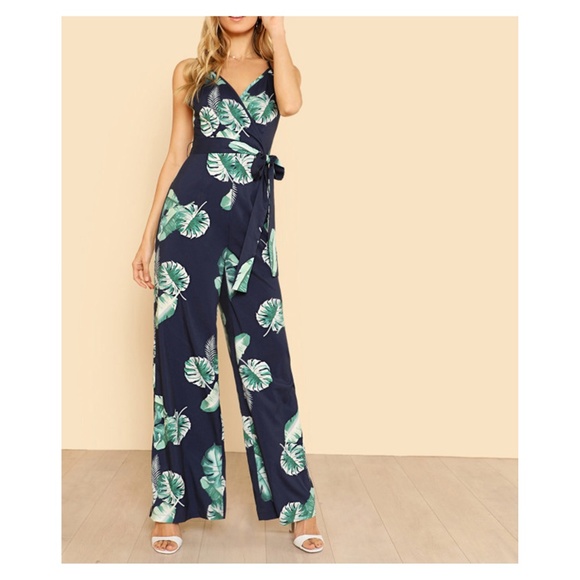 Blue Tropical Print Wide Leg Cami Jumpsuit - Picture 5 of 5